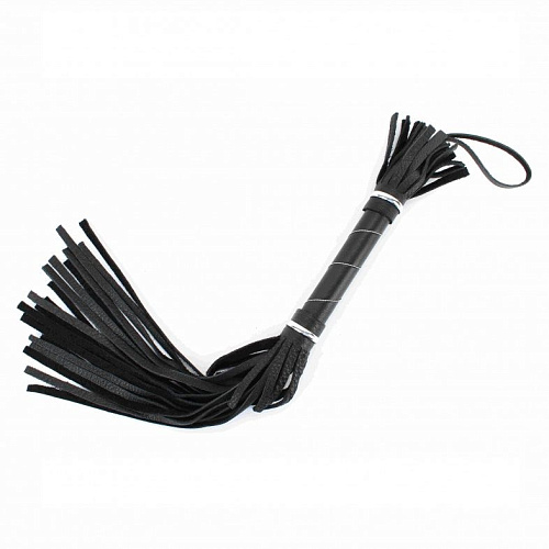 Чёрная кожаная плётка с белой строчкой на рукояти БДСМ арсенал 54009