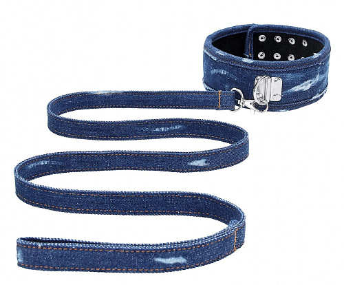 Синий джинсовый ошейник Shots Media BV With Leash Roughend Denim Style OU477BLU