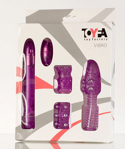 Фиолетовые вибратор и виброяйцо с набором насадок ToyFa 885106