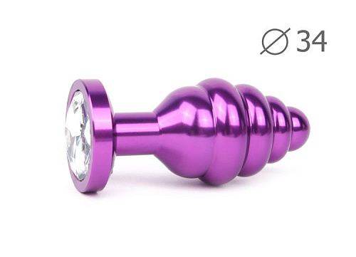 Коническая ребристая фиолетовая анальная втулка с прозрачным кристаллом Anal Jewelry Plug AV-01-M (8 см)