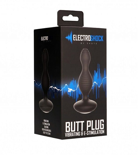 Чёрная анальная пробка с электростимуляцией Shots Media BV E-Stimulation Vibrating Buttplug ELC003BLK (14 см)