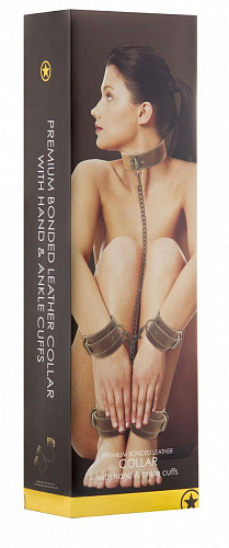 Коричневый кожаный ошейник с наручниками Shots Media BV OUCH! BROWN OU167BRN