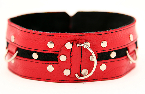 Красный ошейник с клёпками и чёрной полосой БДСМ арсенал 55002