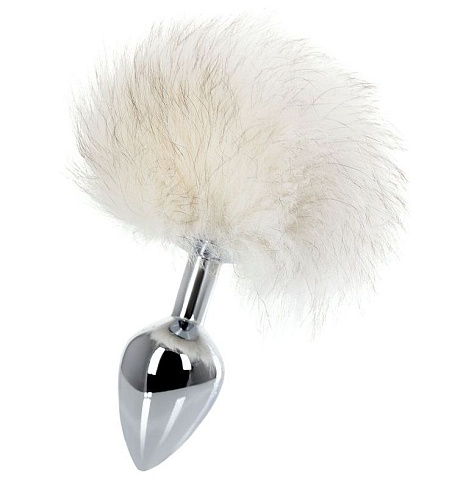 Серебристая анальная пробка с белым заячьим хвостом Wild Lust 9581