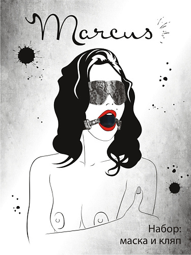 Серебристый кружевной набор на чёрных застежках — маска и кляп ToyFa 716031