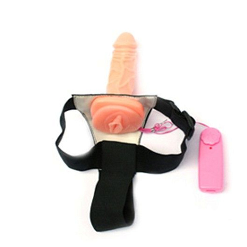 Страпон телесного цвета с вибрацией и мини-вагиной на внутренней стороне 4sexdreaM 47044 (16 см)