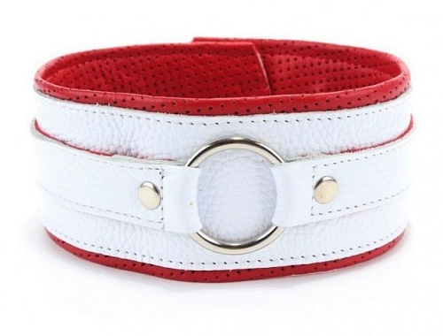 Бело-красный кожаный ошейник БДСМ арсенал 55046