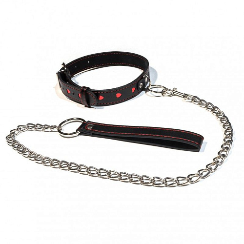 Чёрный ошейник с красными сердечками на металлическом поводке с ручкой Сумерки богов 912-01 BX DD