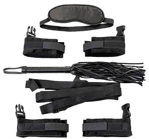 Набор для БДСМ-игры: ремни, плетка, наручники, оковы и маска ToyFa 704012