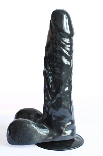 Чёрный виброфаллос с мошонкой на присоске и выносным пультом Sextoy 2011 00387 (18 см)