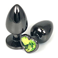 Чёрная металлическая анальная пробка с лаймовым стразом-сердечком Vandersex 400-HVG1M (7,5 см)