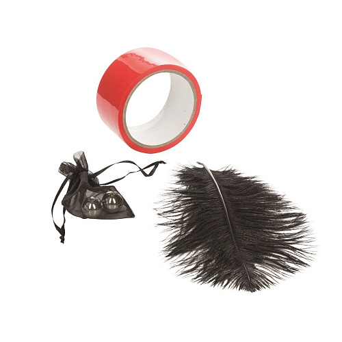 Игровой набор в красном и чёрном цветах (вагинальные металлические шарики, скотч для связывания и перо) California Exotic Novelties Scandal Red Room K