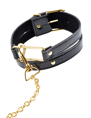 Чёрный ошейник с золотистым цепным поводком Pipedream Collar Leash PD3978-23