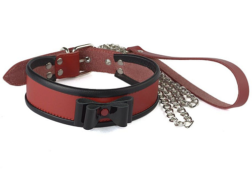 Красный ошейник с чёрным лаковым бантом и поводком Sitabella 3129-2