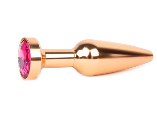 Удлиненная коническая гладкая золотистая анальная втулка с малиновым кристаллом Anal Jewelry Plug XGLD-14 (11,3 см)
