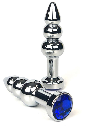 Серебристая коническая анальная пробка-ёлочка с синим кристаллом Vandersex 159-B (11 см)