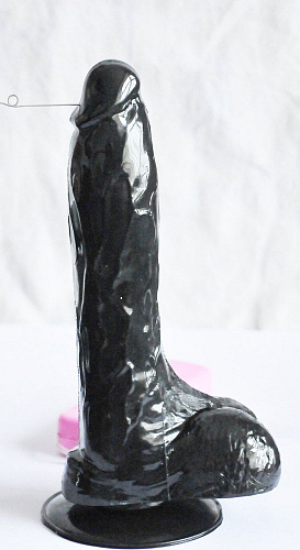 Чёрный вибромассажёр-реалистик с мошонкой на присоске с выносным пультом Sextoy 2011 00388 (21 см)