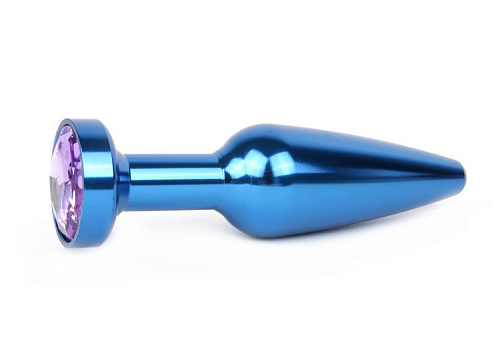 Удлиненная коническая гладкая синяя анальная втулка с сиреневым кристаллом Anal Jewelry Plug XBLU-15 (11,3 см)