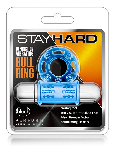 Голубое эрекционное виброкольцо Blush Novelties 10 Function Vibrating Mega Bull Ring BL-77902