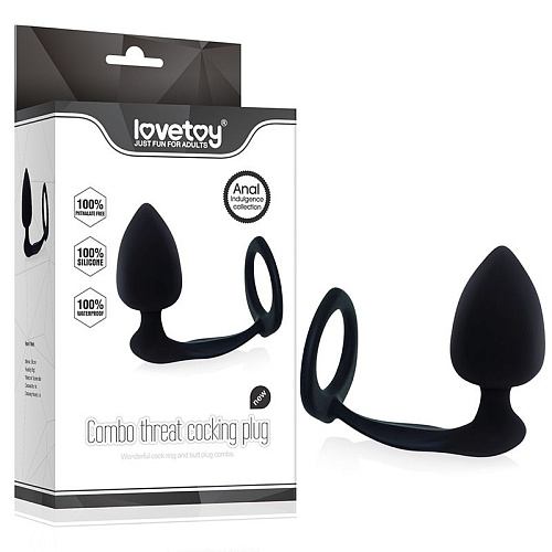 Чёрная анальная втулка с кольцом для пениса Lovetoy Combo Threat LV2617