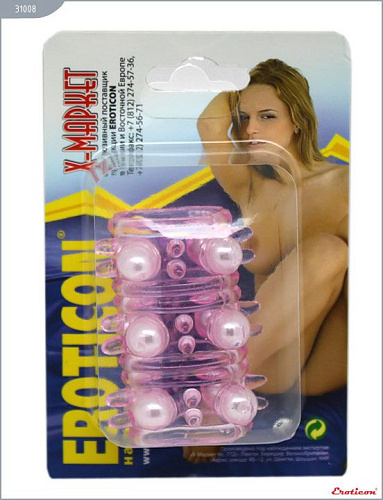 Розовая сквозная насадка с бусинками Eroticon 31008 (5,3 см)