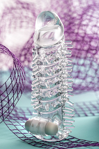 Прозрачная насадка на пенис с вибропулей и шипами A-toys TOYFA A-Toys 768014 (13,4 см)