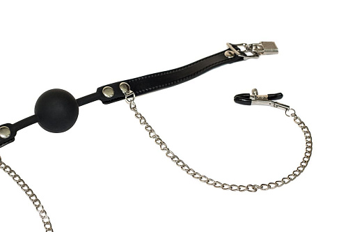 Чёрный силиконовый кляп-шар с зажимами на соски Lola toys Hentai 1150-01lola