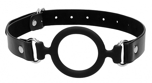 Чёрный кляп-кольцо с кожаными ремешками Shots Media BV Silicone Ring Gag with Leather Straps OU463BLK