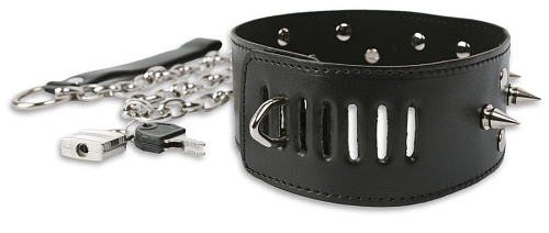 Широкий чёрный ошейник с шипами и поводком Пикантные штучки DP073