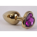 Золотистая анальная пробка с фиолетовым стразиком-сердечком 4sexdreaM 47192 (7,5 см)