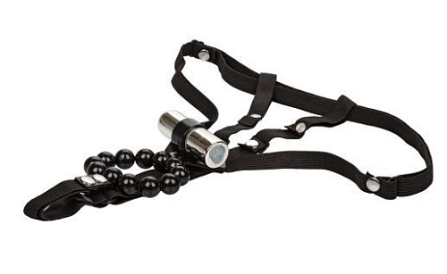 Чрные трусики с серебристой перезаряжаемой вибропулей и стимулирующими бусинами California Exotic Novelties Rechargeable Lovers Cheeky Panty with Stro