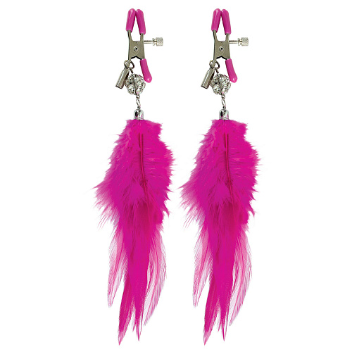 Ярко-розовые зажимы для сосков с перьями Pipedream Fancy Feather Nipple Clamps PD3618-00