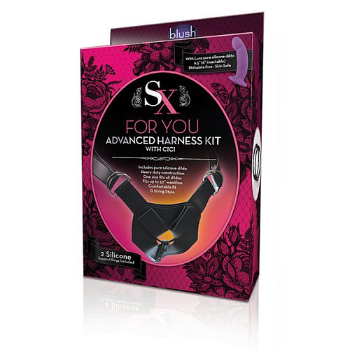 Изогнутый фаллоимитатор фиолетового цвета с креплением на регулируемом поясе Blush Novelties ADVANCED HARNESS KIT WITH CICI BL-80921 (15 см)