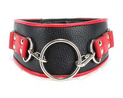 Чёрно-красный кожаный ошейник с кольцом БДСМ арсенал 55031