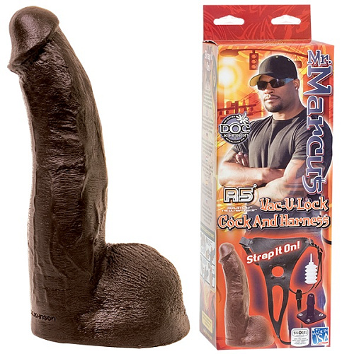 Чёрные трусы из кожи с насадкой шоколадного цвета Doc Johnson Mr. MARCUS 8053-01-BX