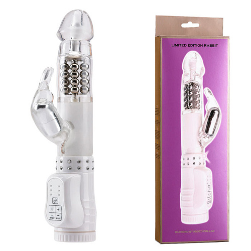 Вибратор белого цвета с вращением шариков и стимулятором клитора Seven Creations 11-06HWH/WH BX GP (17,5 см)