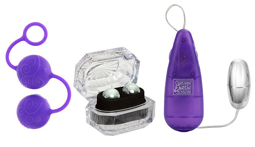 Фиолетовый с серебром женский набор для вагинальной стимуляции (2 вида шариков и вибропуля) California Exotic Novelties HER KEGEL KIT SE-1988-30-3