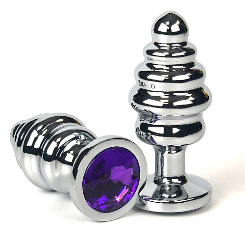 Серебристая ребристая анальная пробка с фиолетовым кристаллом Vandersex 185-RFL (8 см)