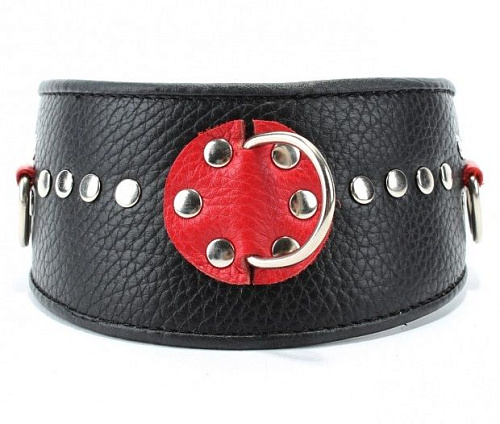 Чёрно-красный кожаный ошейник с металлическими клепками БДСМ арсенал 55024