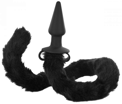 Анальная пробка с чёрным длинным кошачьим хвостиком XR Brands Faux Cat Tail Butt Plug AE285 (10 см)