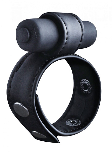 Чёрная утяжка на пенис с виброэлементом Shots Media BV Leather Cock Ring OU137BLK