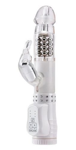 Вибратор белого цвета с вращением шариков и стимулятором клитора Seven Creations 11-06HWH/WH BX GP (17,5 см)