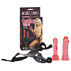 Трусики из кожзаменителя с двумя розовыми фаллоимитаторами Seven Creations CROTCHLESS STRAP-ON 2 DONGS HOT PINK2K326CPR BX GP
