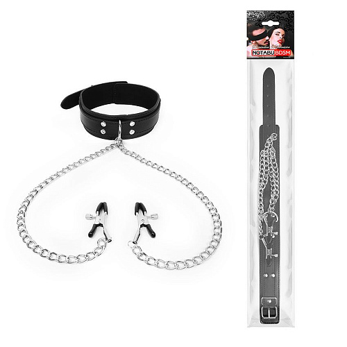 Чёрный ошейник с зажимами на соски на цепочке Bior toys NTB-80548