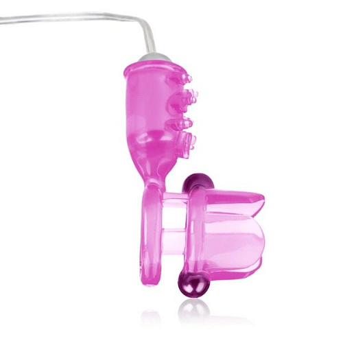 Розовое эрекционное кольцо с вибрацией и стимулятором клитора California Exotic Novelties Hook It Up! Top Loading Beaded Cage Ring SE-1473-33-3