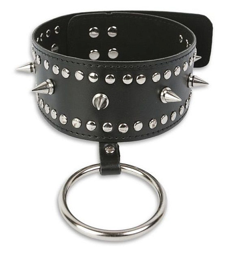 Чёрный ошейник с заклёпками и кольцом Пикантные штучки DP070