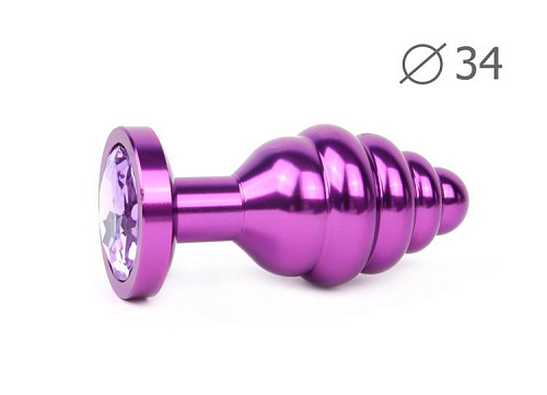Коническая ребристая фиолетовая анальная втулка с сиреневым кристаллом Anal Jewelry Plug AV-15-M (8 см)