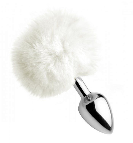 Металлическая анальная пробка с белым заячьим хвостиком XR Brands White Fluffy Bunny Tail Anal Plug AF619