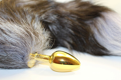 Золотистая анальная пробка с чёрным лисьим хвостом 4sexdreaM 47077-3