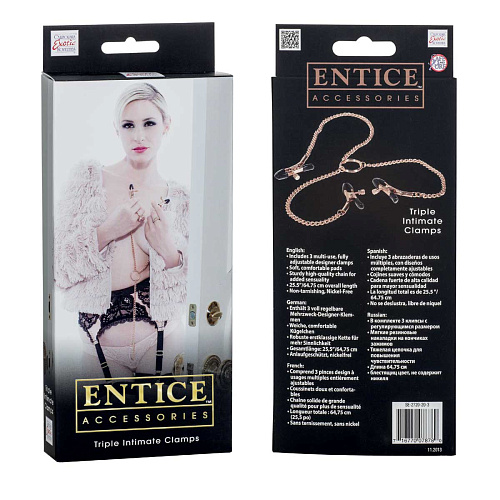 Зажимы золотого цвета для сосков и половых губ с цепью California Exotic Novelties Entice Triple Intimate Clamps SE-2720-20-3